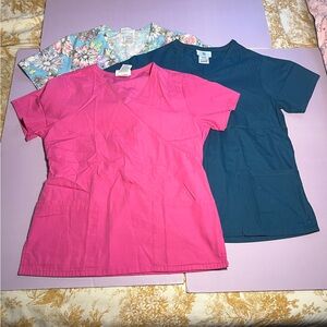 SB Scrubs XS Work Scrub Tops Spiral Short Sleeve Pink Teal Floral Print Bundle